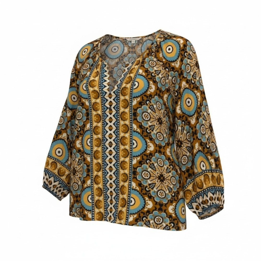 Liverpool Los Angeles Medallion Print Blouse Women 2X Brown Blue Boho Peasant